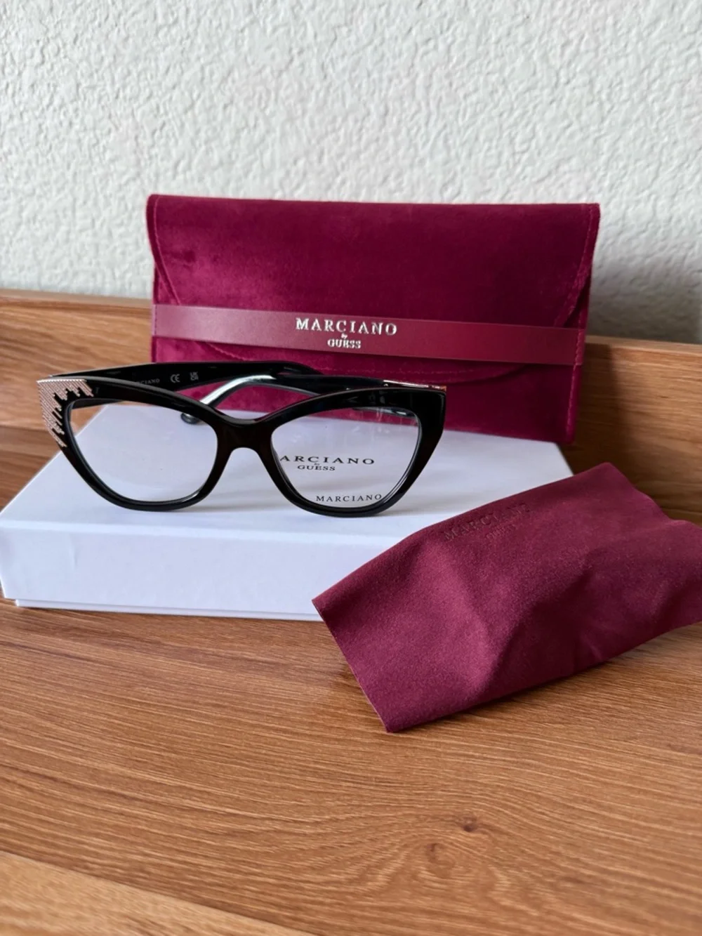 Marciano Black Cat-Eye Glasses with Burgundy Case